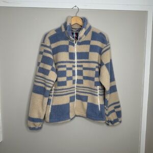 Urban Outfitters Fleece Jacket Blue Beige‎ Checkered Sherpa Coat Women's Small
